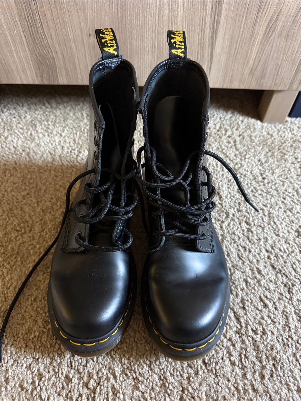 Dr. Martens Black Leather Lace-Up Boots with Yellow Accents